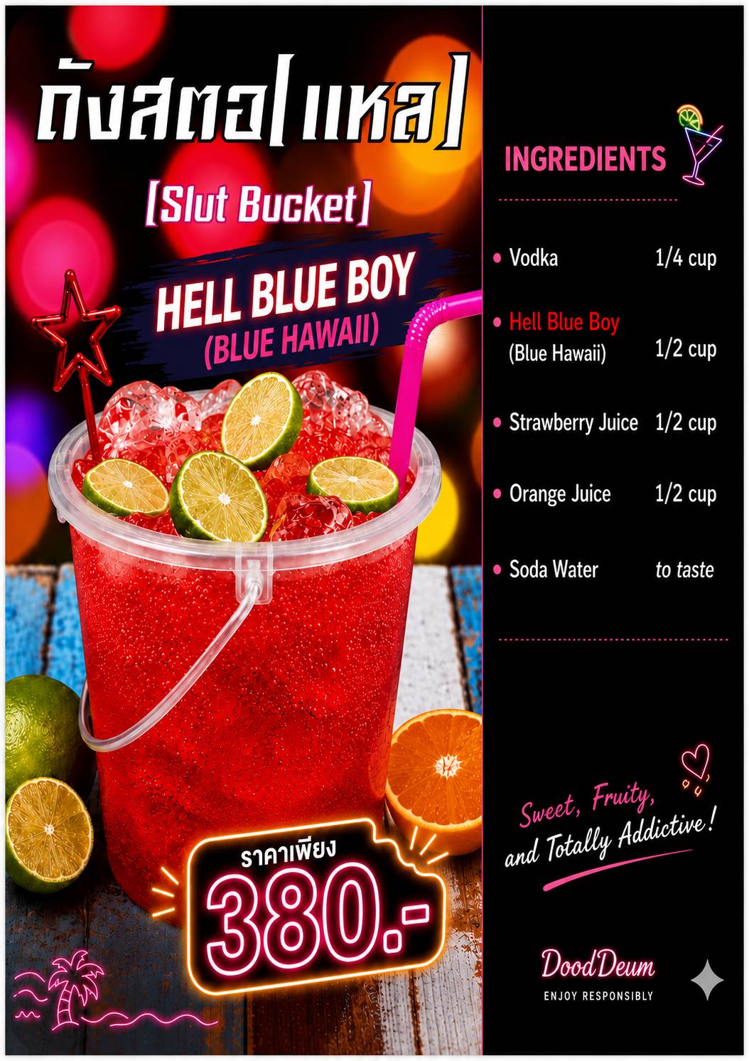 Hell Blue Boy (Blue Hawaii) Bucket with vodka, strawberry and orange juice, priced at 380 baht