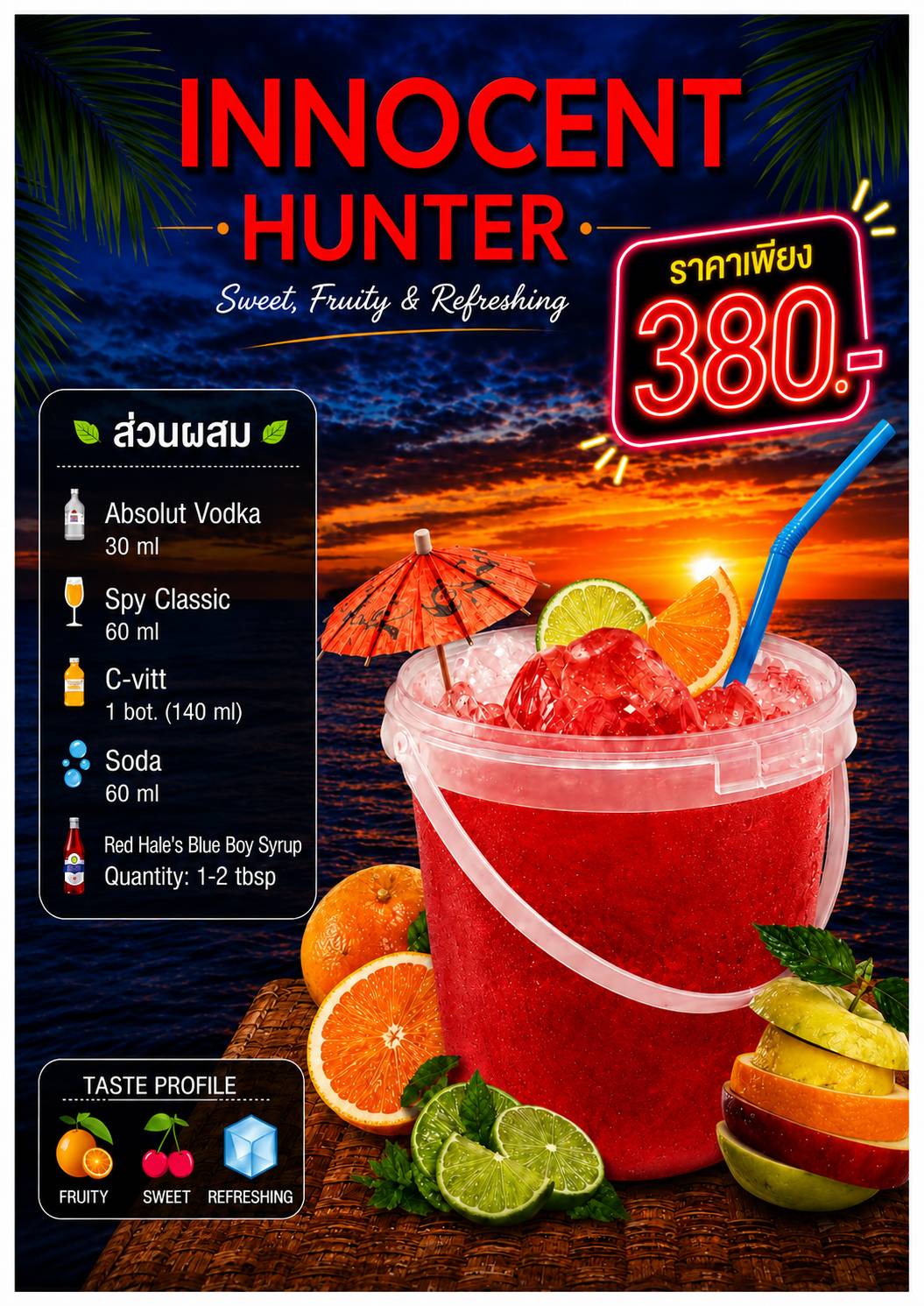 Innocent Hunter Bucket with Absolut Vodka, Spy Classic, C-vitt and Blue Boy syrup, priced at 380 baht