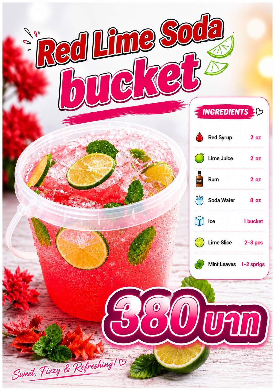 Red Lime Soda Bucket with red syrup, lime juice, rum and soda water, priced at 380 baht
