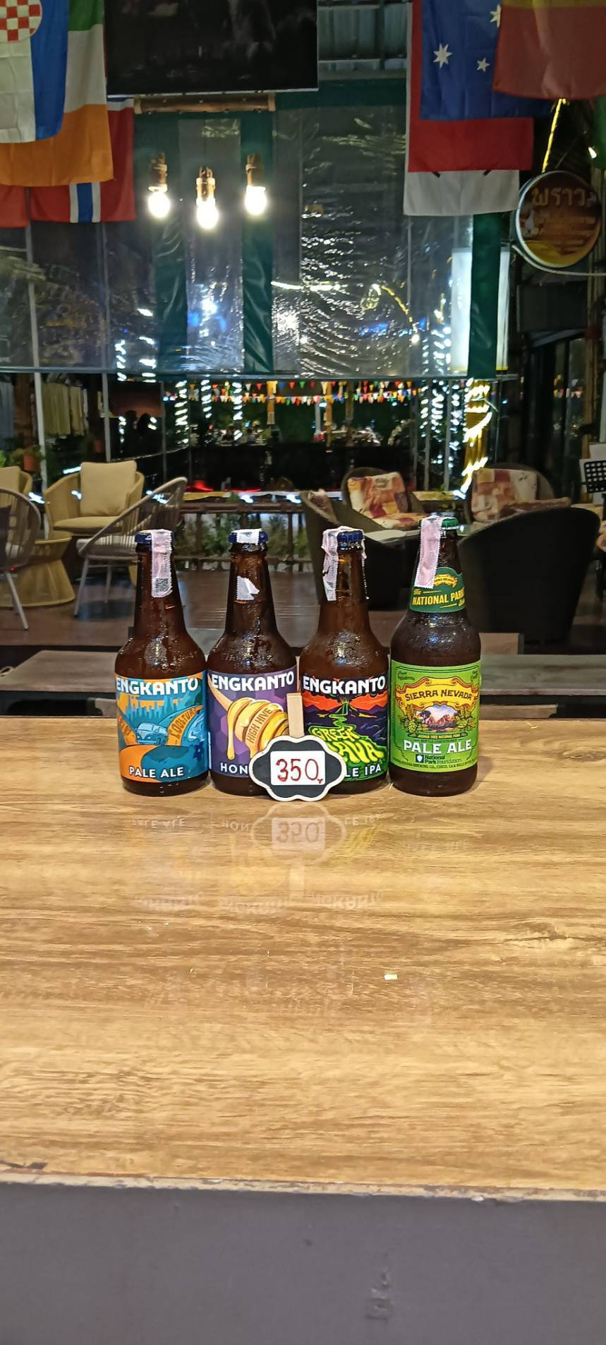 Engkanto Pale Ale, Honey and IPA, and Sierra Nevada Pale Ale bottles, priced at 350 baht