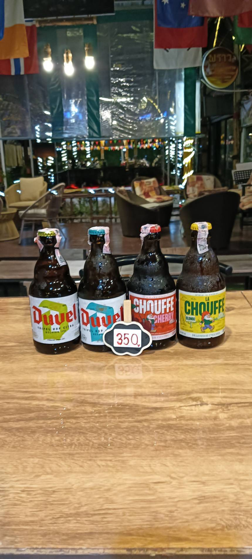 Duvel Tripel Hop Citra, Duvel Tripel Hop, Chouffe Cherry and La Chouffe Blonde bottles, priced at 350 baht
