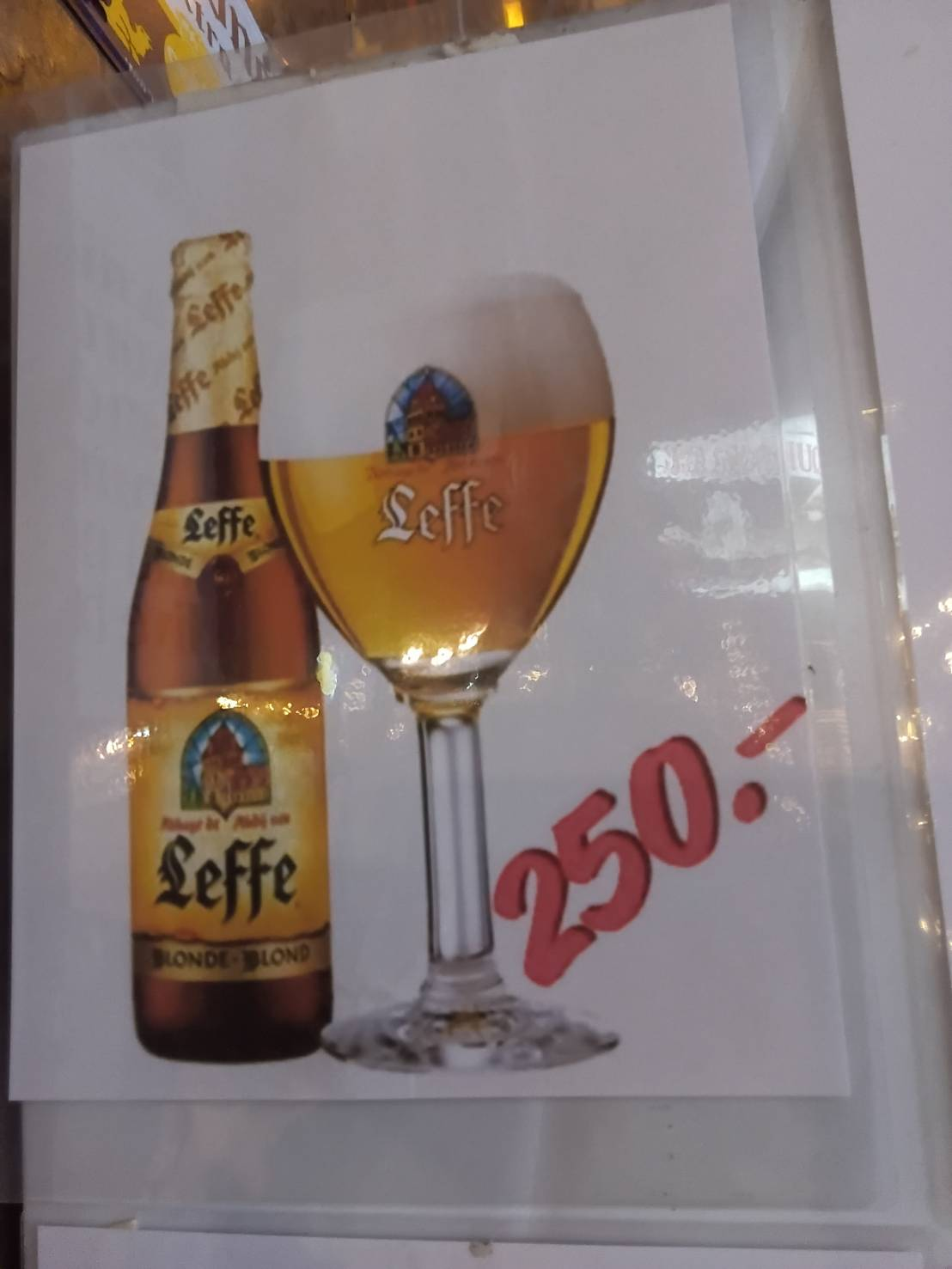 Leffe Blonde Belgian beer, priced at 250 baht