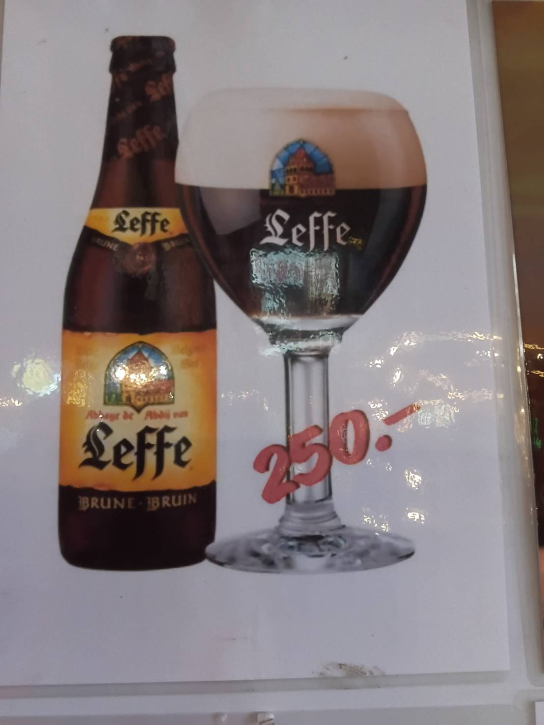 Leffe Brune Belgian beer, priced at 250 baht