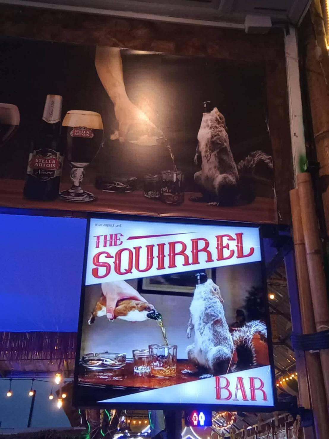 The illuminated The Squirrel Bar sign at the entrance
