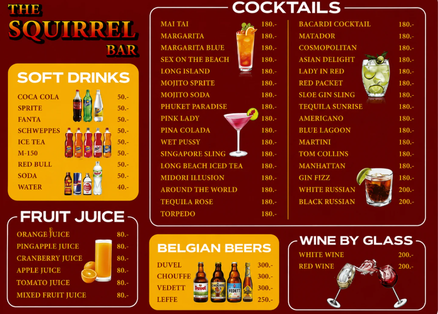 The Squirrel Bar menu: soft drinks, fruit juice, cocktails, Belgian beers and wine by the glass
