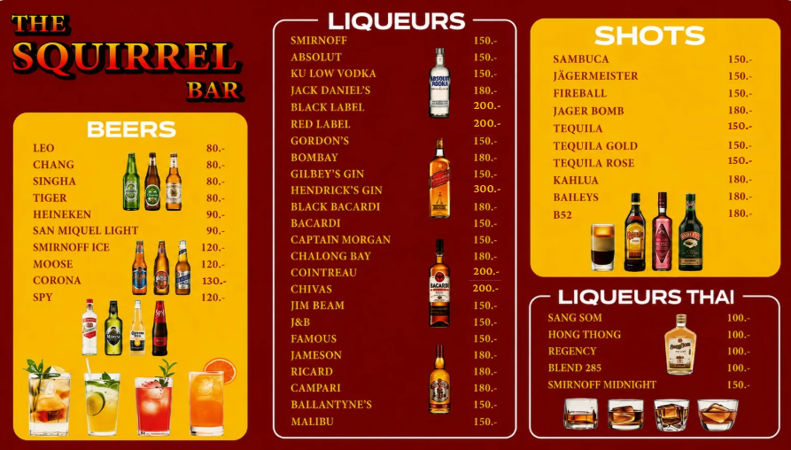 The Squirrel Bar menu: beers, liqueurs, shots and Thai liqueurs